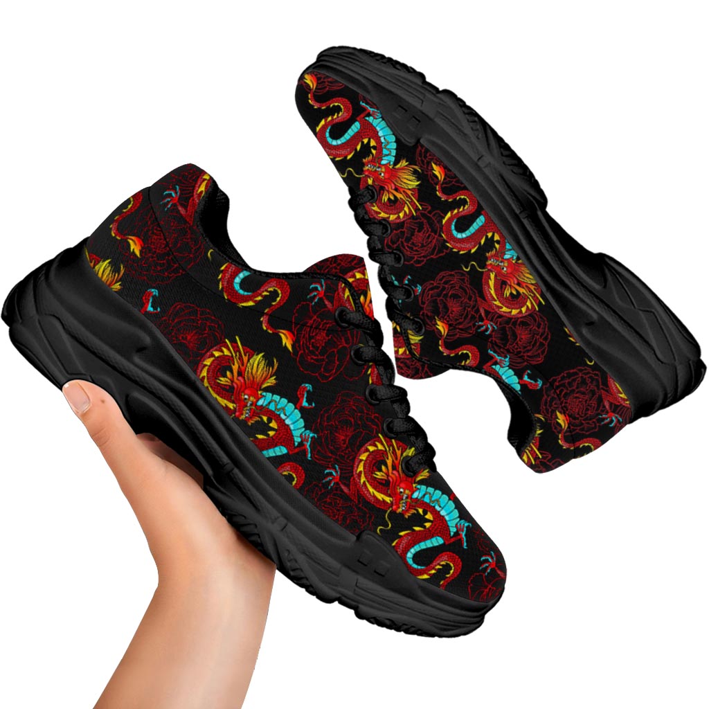 Red Dragon Lotus Pattern Print Black Chunky Shoes