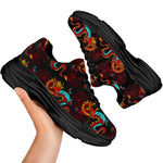 Red Dragon Lotus Pattern Print Black Chunky Shoes