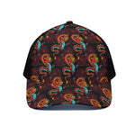 Red Dragon Lotus Pattern Print Black Mesh Trucker Cap