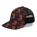Red Dragon Lotus Pattern Print Black Mesh Trucker Cap