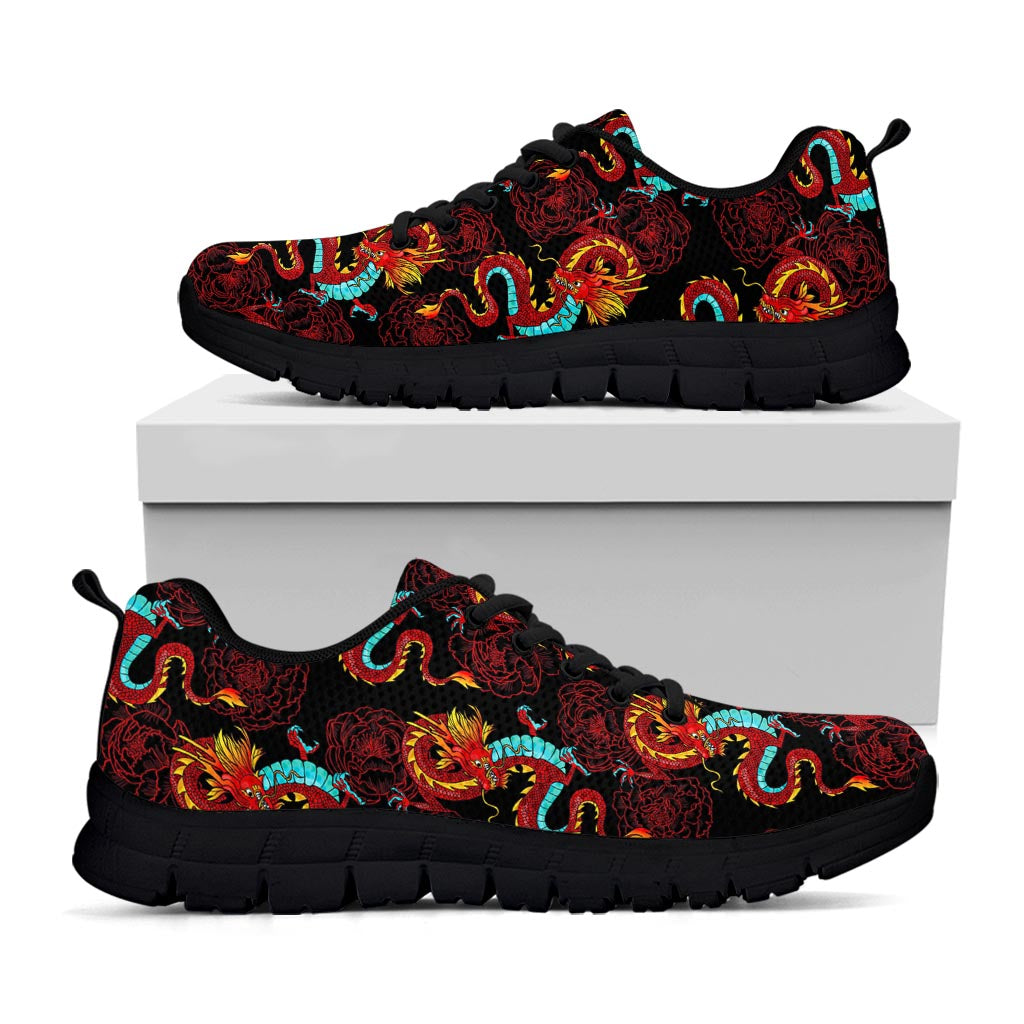 Red Dragon Lotus Pattern Print Black Running Shoes