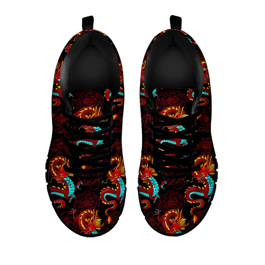 Red Dragon Lotus Pattern Print Black Running Shoes