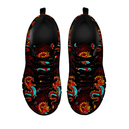 Red Dragon Lotus Pattern Print Black Running Shoes