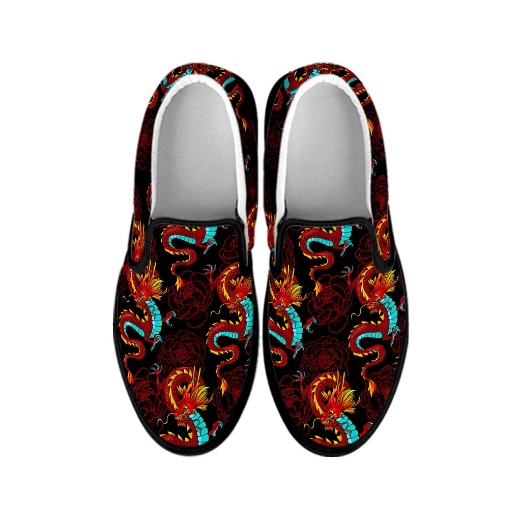 Red Dragon Lotus Pattern Print Black Slip On Sneakers