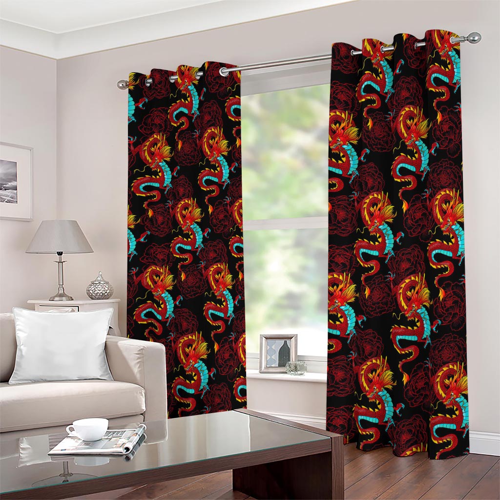 Red Dragon Lotus Pattern Print Blackout Grommet Curtains