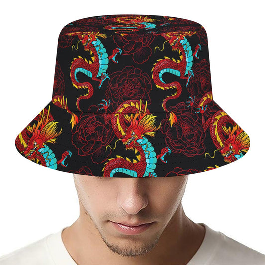 Red Dragon Lotus Pattern Print Bucket Hat
