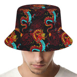 Red Dragon Lotus Pattern Print Bucket Hat