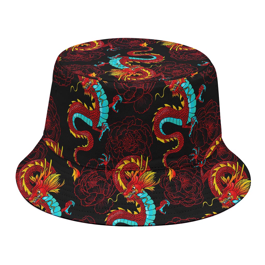 Red Dragon Lotus Pattern Print Bucket Hat