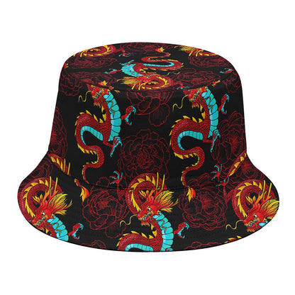 Red Dragon Lotus Pattern Print Bucket Hat