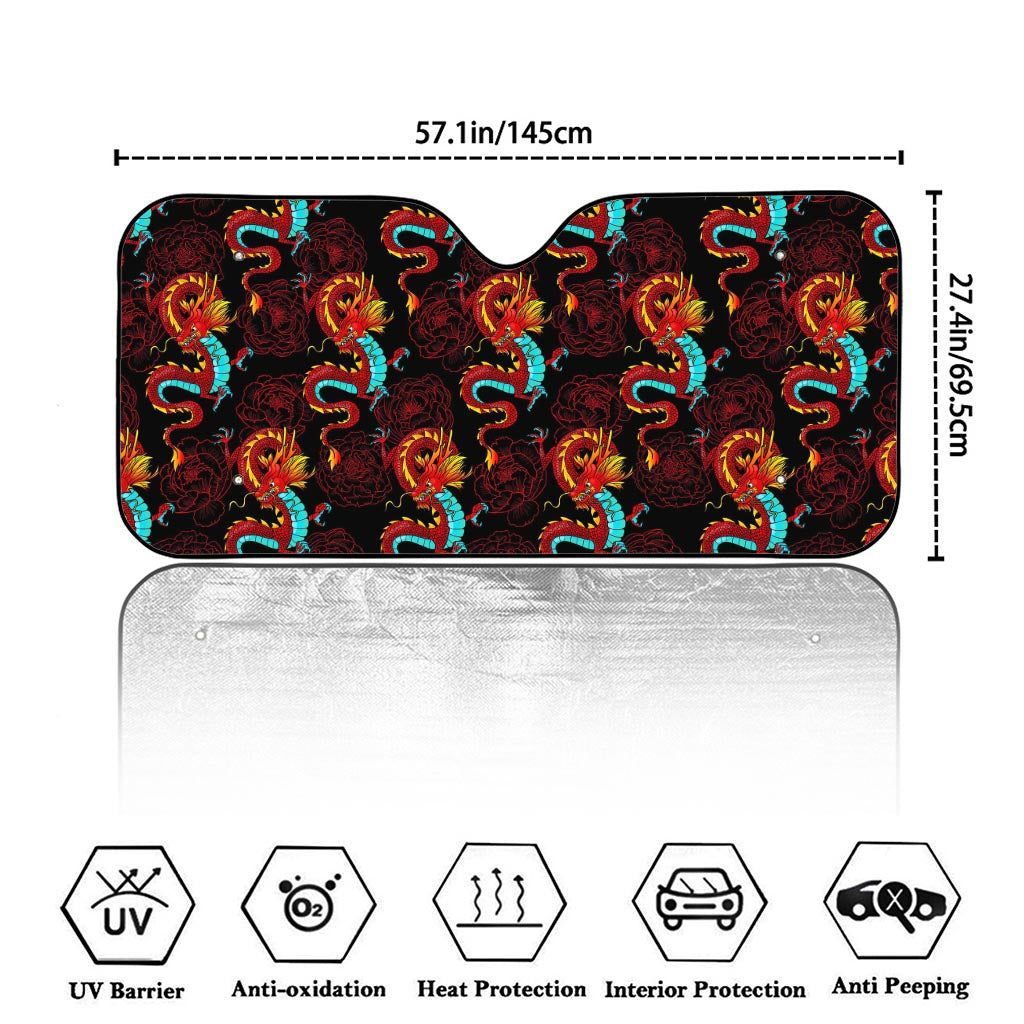 Red Dragon Lotus Pattern Print Car Windshield Sun Shade