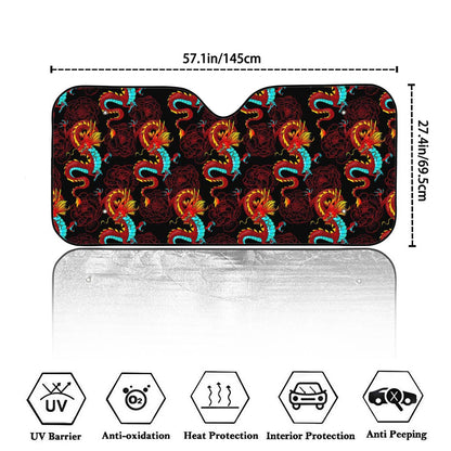Red Dragon Lotus Pattern Print Car Windshield Sun Shade