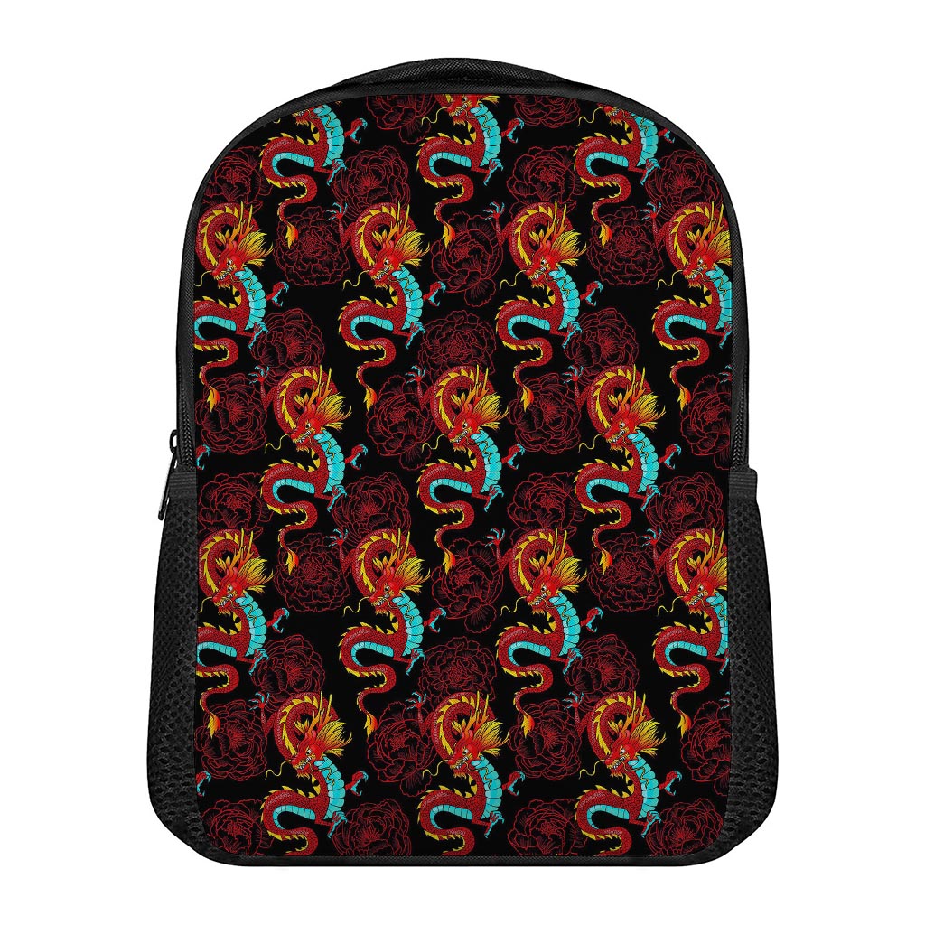 Red Dragon Lotus Pattern Print Casual Backpack