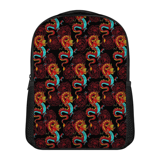 Red Dragon Lotus Pattern Print Casual Backpack
