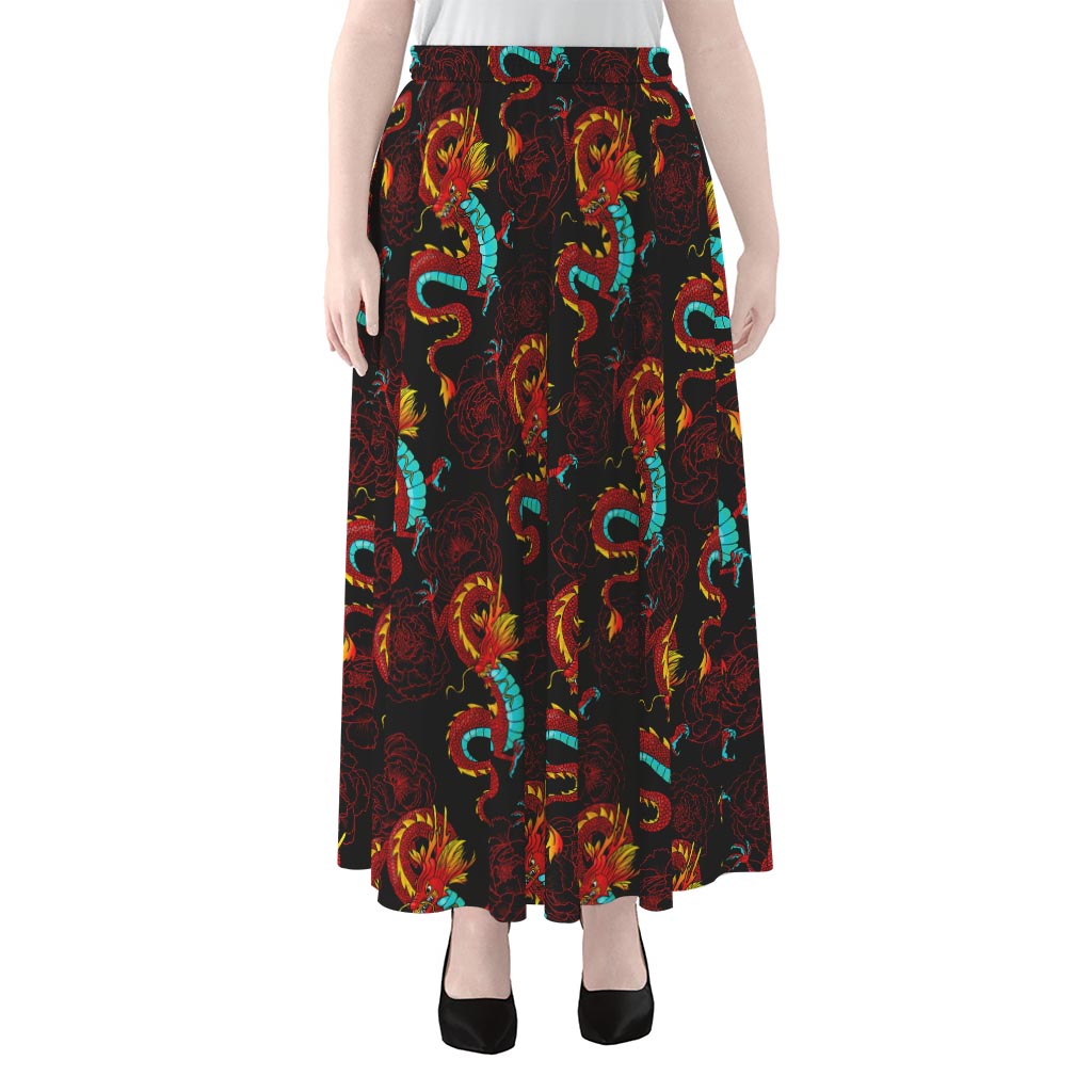 Red Dragon Lotus Pattern Print Chiffon Maxi Skirt