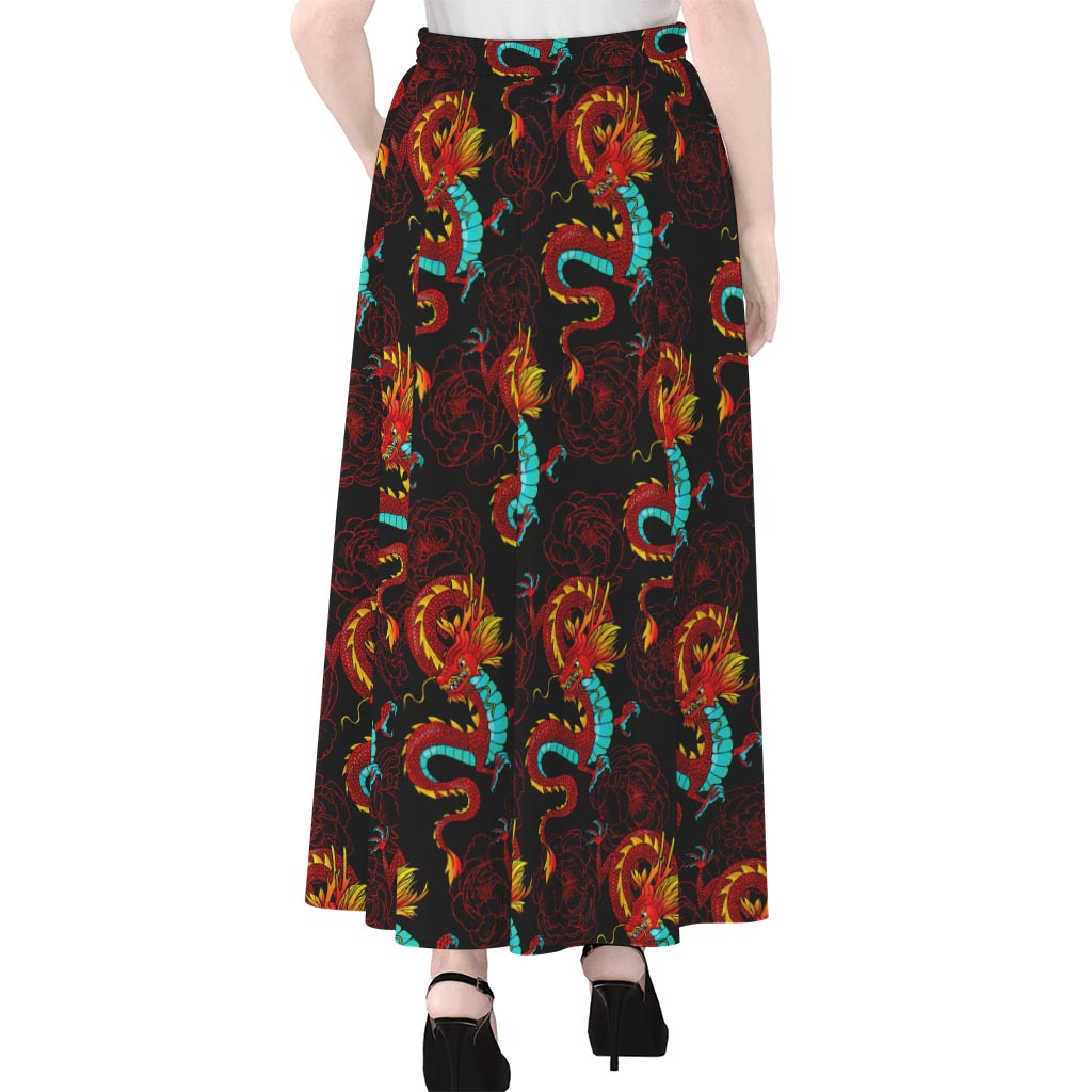 Red Dragon Lotus Pattern Print Chiffon Maxi Skirt