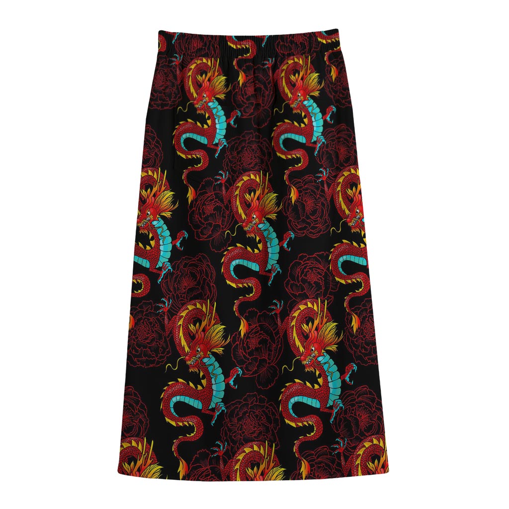 Red Dragon Lotus Pattern Print Cotton Front Slit Maxi Skirt