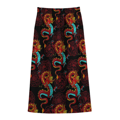 Red Dragon Lotus Pattern Print Cotton Front Slit Maxi Skirt