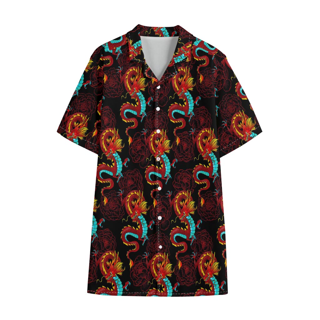 Red Dragon Lotus Pattern Print Cotton Hawaiian Shirt