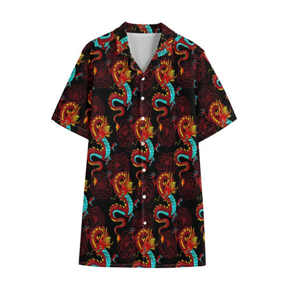 Red Dragon Lotus Pattern Print Cotton Hawaiian Shirt