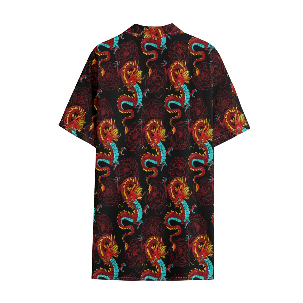 Red Dragon Lotus Pattern Print Cotton Hawaiian Shirt