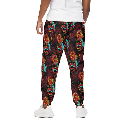 Red Dragon Lotus Pattern Print Cotton Pants