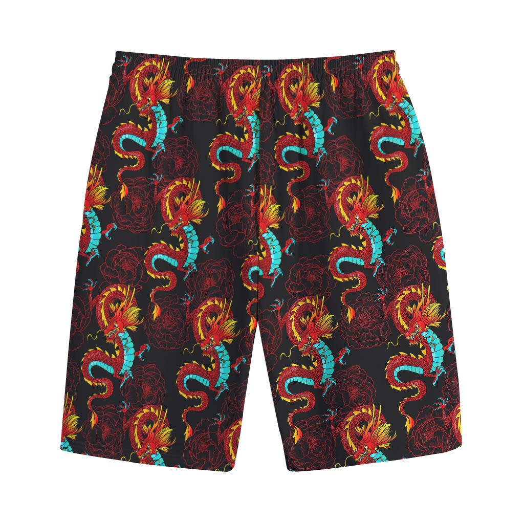 Red Dragon Lotus Pattern Print Cotton Shorts