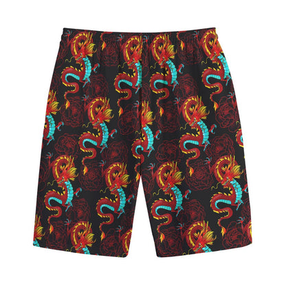 Red Dragon Lotus Pattern Print Cotton Shorts