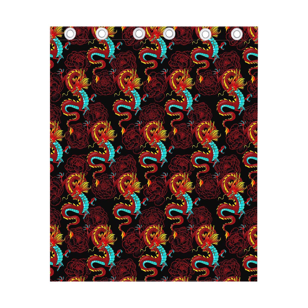 Red Dragon Lotus Pattern Print Curtain