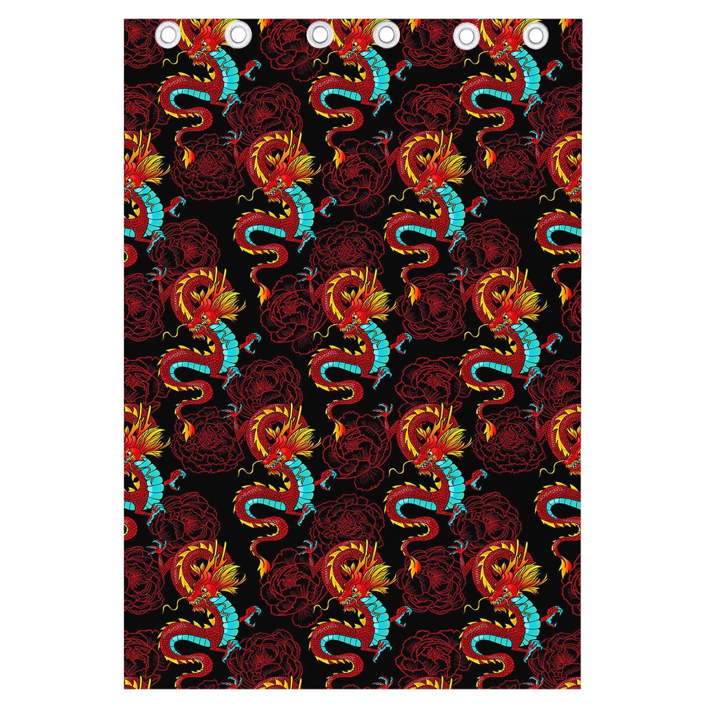 Red Dragon Lotus Pattern Print Curtain