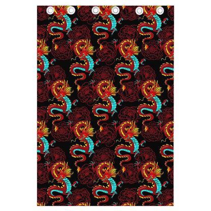 Red Dragon Lotus Pattern Print Curtain