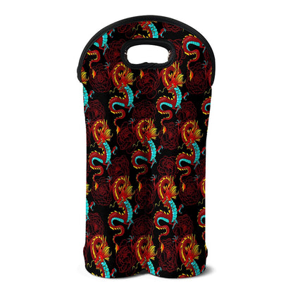 Red Dragon Lotus Pattern Print Double Neoprene Wine Tote