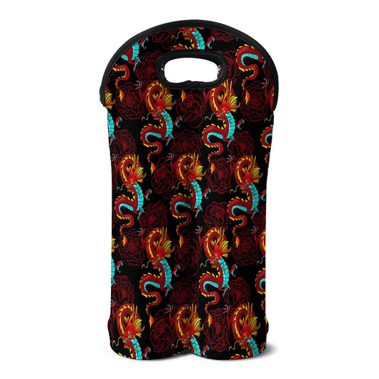 Red Dragon Lotus Pattern Print Double Neoprene Wine Tote