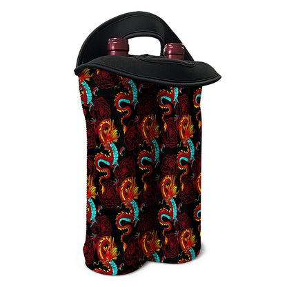 Red Dragon Lotus Pattern Print Double Neoprene Wine Tote
