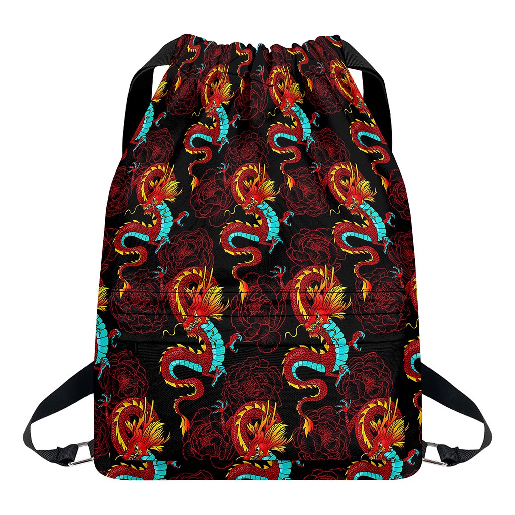 Red Dragon Lotus Pattern Print Drawstring Backpack