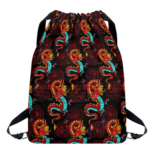 Red Dragon Lotus Pattern Print Drawstring Backpack