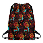 Red Dragon Lotus Pattern Print Drawstring Backpack