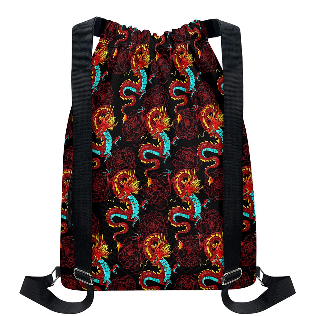 Red Dragon Lotus Pattern Print Drawstring Backpack