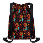 Red Dragon Lotus Pattern Print Drawstring Backpack