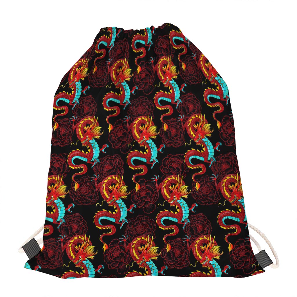 Red Dragon Lotus Pattern Print Drawstring Bag