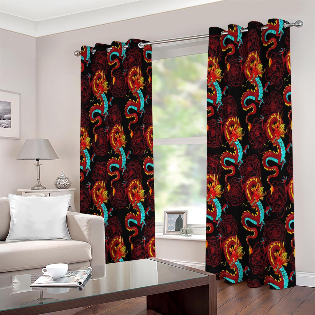 Red Dragon Lotus Pattern Print Extra Wide Grommet Curtains