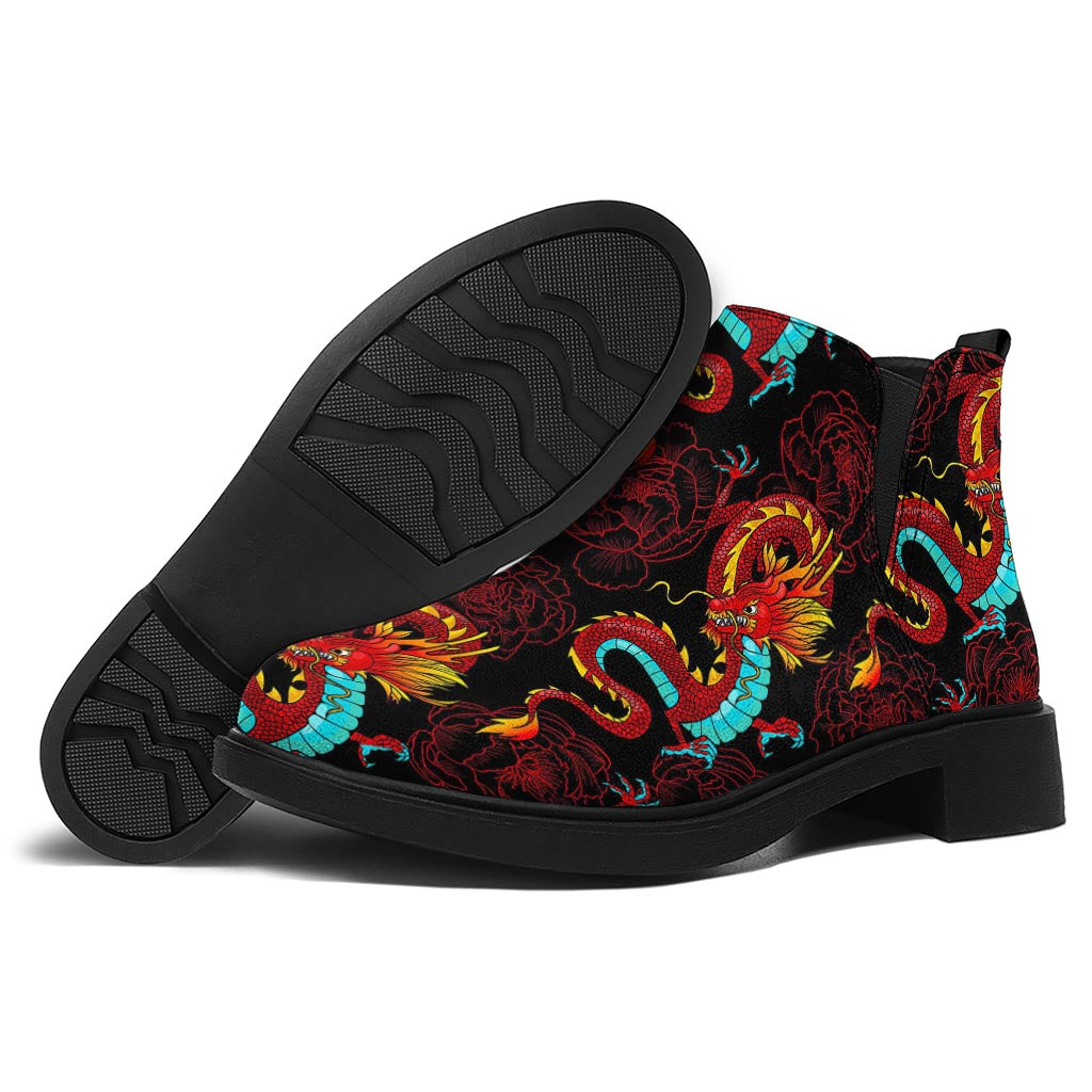 Red Dragon Lotus Pattern Print Flat Ankle Boots