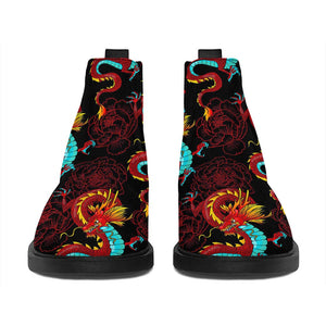 Red Dragon Lotus Pattern Print Flat Ankle Boots