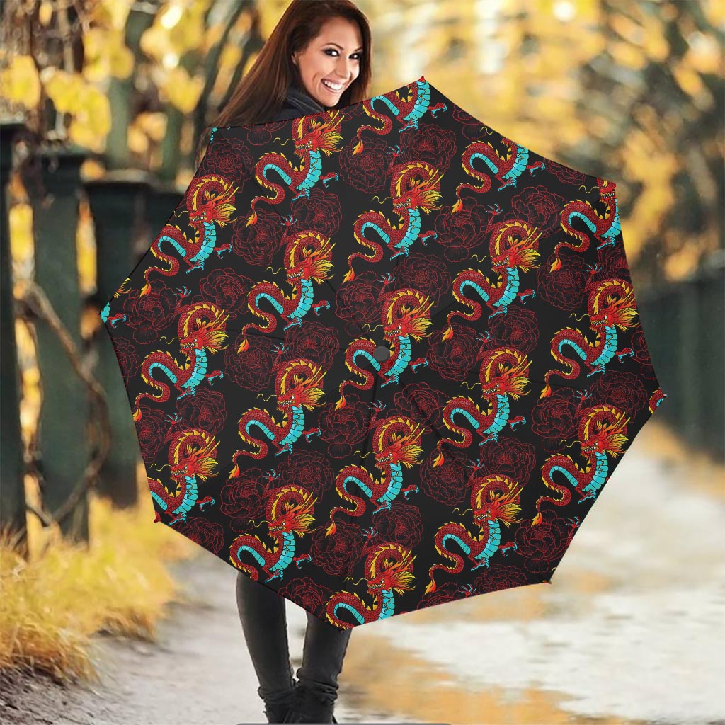 Red Dragon Lotus Pattern Print Foldable Umbrella