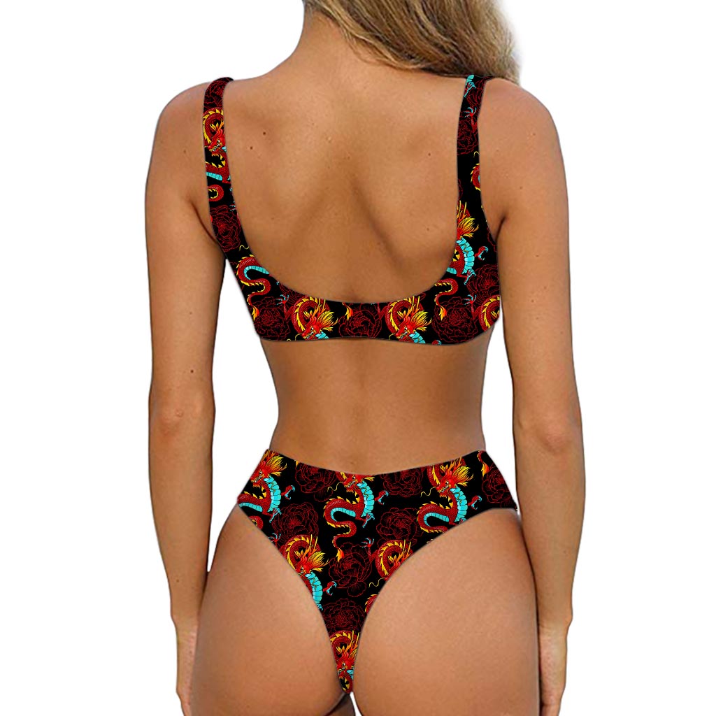 Red Dragon Lotus Pattern Print Front Bow Tie Bikini