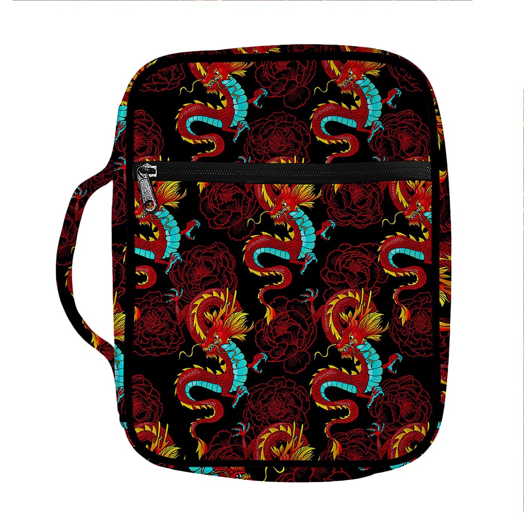 Red Dragon Lotus Pattern Print Front Pocket Bible Bag