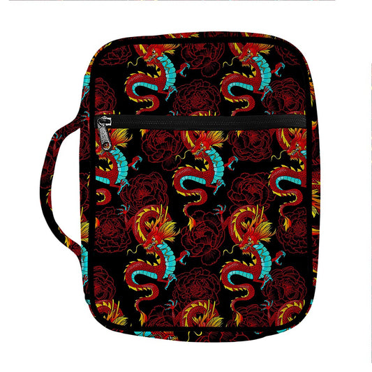 Red Dragon Lotus Pattern Print Front Pocket Bible Bag