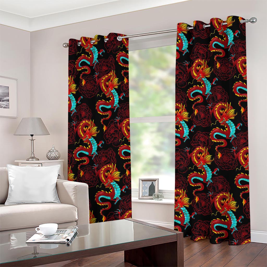 Red Dragon Lotus Pattern Print Grommet Curtains