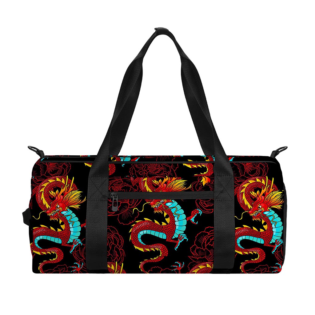 Red Dragon Lotus Pattern Print Gym Bag
