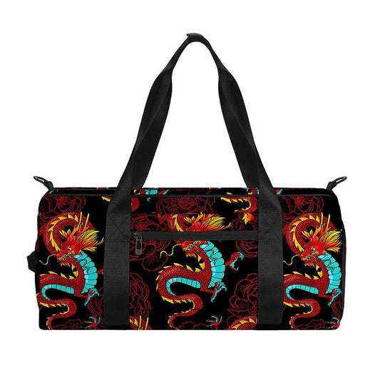 Red Dragon Lotus Pattern Print Gym Bag