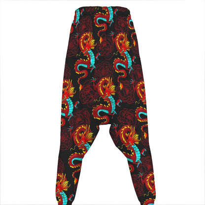 Red Dragon Lotus Pattern Print Hammer Pants